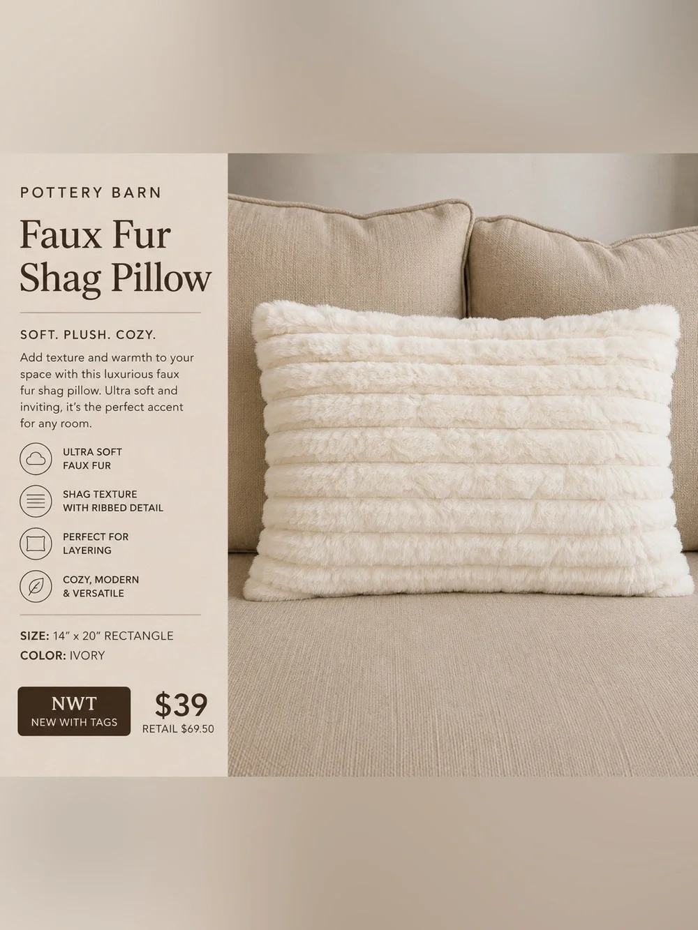 NWT Pottery Barn Teen Ivory Faux Fur Standard Pillow Sham 26x20 Soft Plush